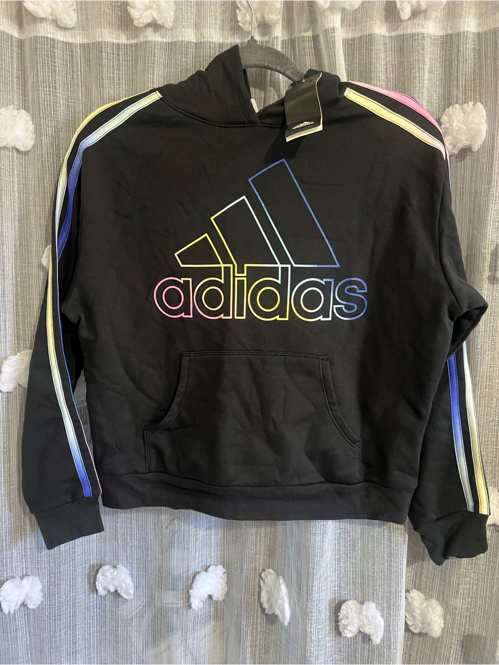 adidas Black Hoodie with Multicolor Pastel Stripe Logo